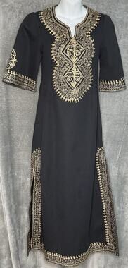 Black Kaftan Tunic Gold Embroidered Womens XS Dress Moroccan Style Side Zip